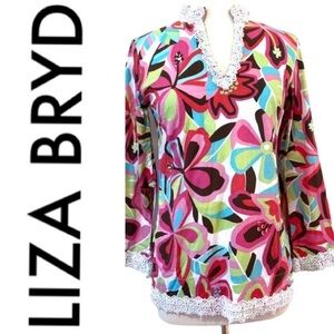 Liza Byrd Beach Cover-up FUNKY GROOVY Floral Tunic Lace Cotton